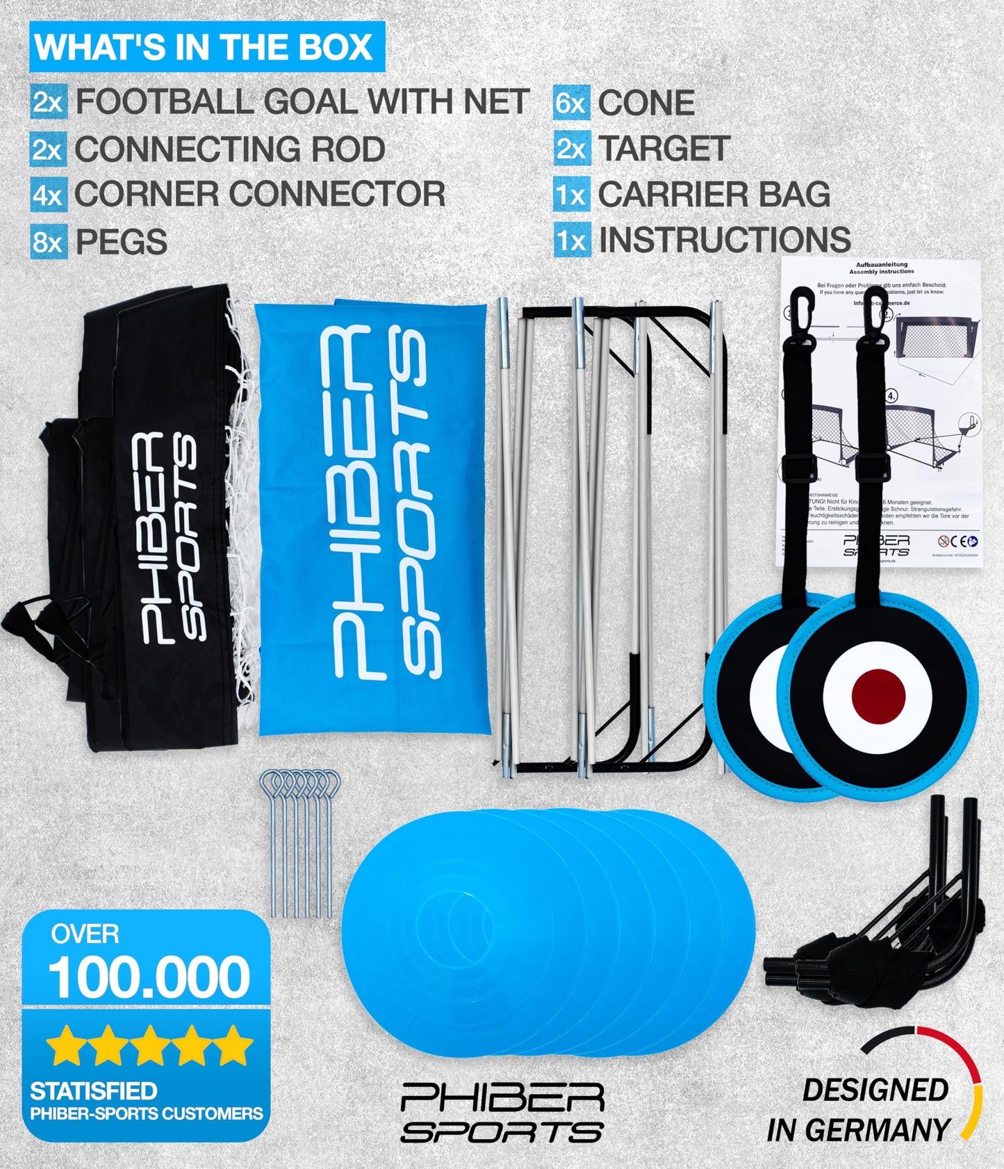 PHIBER-SPORTS 2-Piece Kids Football Goal Set – 2025 Version with Reinforced Fiberglass – Includes Carry Bag, 6 Cones, 2 Targets – Soccer Goals for Kids' Garden Play, Outdoor Football Goal, Soccer Net