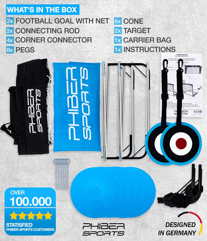 PHIBER-SPORTS 2-Piece Kids Football Goal Set – 2025 Version with Reinforced Fiberglass – Includes Carry Bag, 6 Cones, 2 Targets – Soccer Goals for Kids' Garden Play, Outdoor Football Goal, Soccer Net