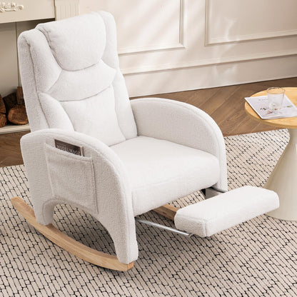DEKKETO teddy rocking chair with headrest, footrest, side pocket, white fabric, suitable for nursery or adult relaxation.