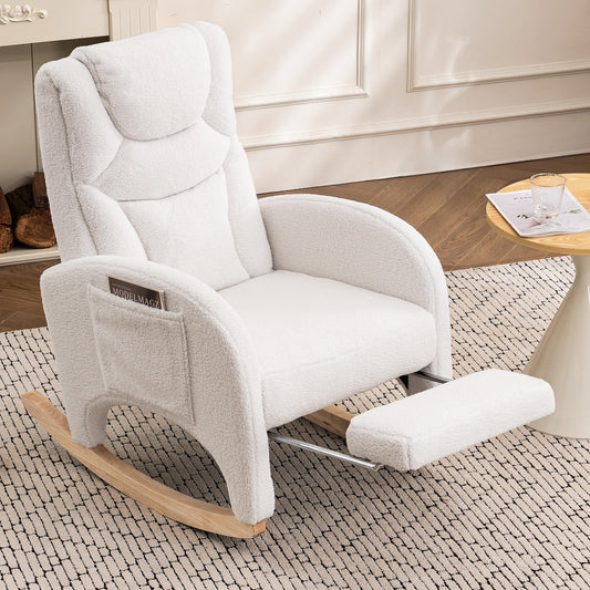 DEKKETO teddy rocking chair with headrest, footrest, side pocket, white fabric, suitable for nursery or adult relaxation.