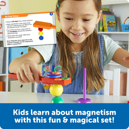Learning Resources STEM Explorers Magnet Movers science kit with colorful magnetic pieces and hands-on physics experiments for ages 5-9.