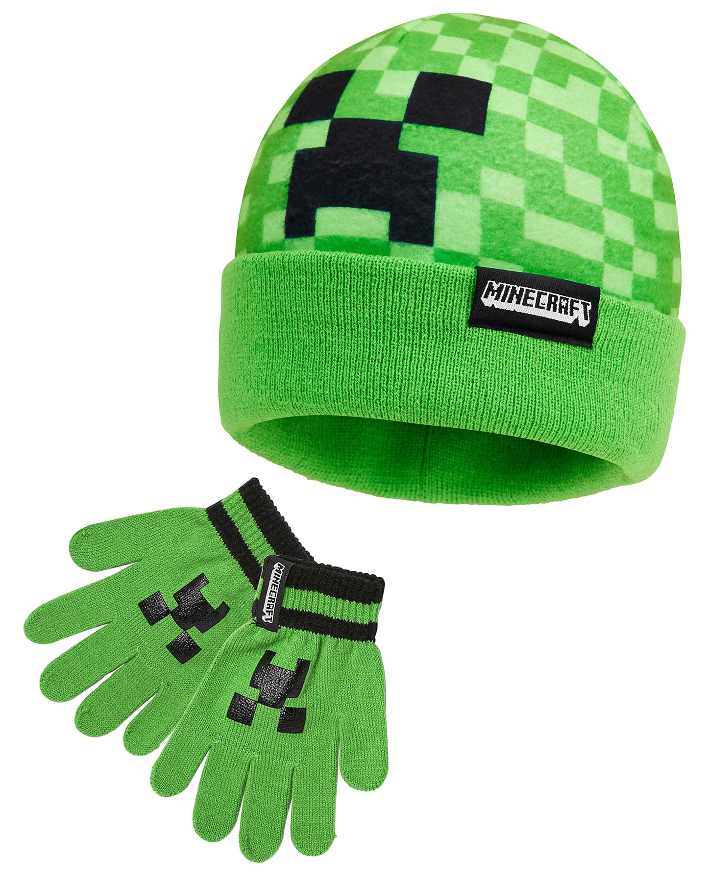 Minecraft Beanie or Winter Accessories Set | 3 Pcs with Scarf & Gloves | 2 Pcs with Gloves | or 1 Pcs Beanie or Bucket Hat (6-14 Years, Green Hat & Gloves)