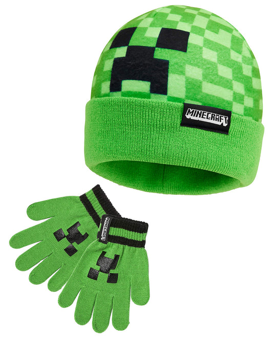 Minecraft Beanie or Winter Accessories Set | 3 Pcs with Scarf & Gloves | 2 Pcs with Gloves | or 1 Pcs Beanie or Bucket Hat (6-14 Years, Green Hat & Gloves)