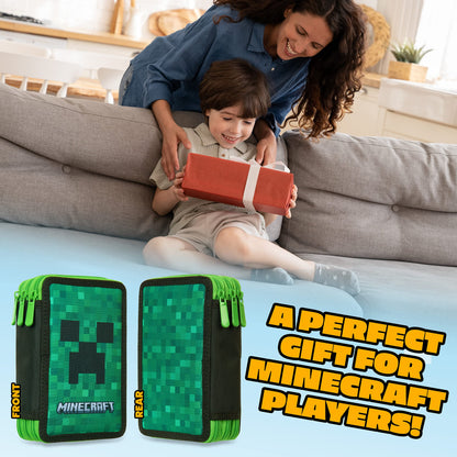 Minecraft Pencil Case Kids Teens Filled with Gamer Stationery Set School Supplies Creeper Pen Case Multiple Compartments Drawing Writing Colouring Set (Green Creeper)