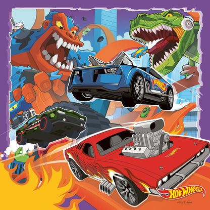 Ravensburger Hot Wheels jigsaw puzzles featuring colorful cars, ideal for kids aged 5 and up, three 49-piece sets.