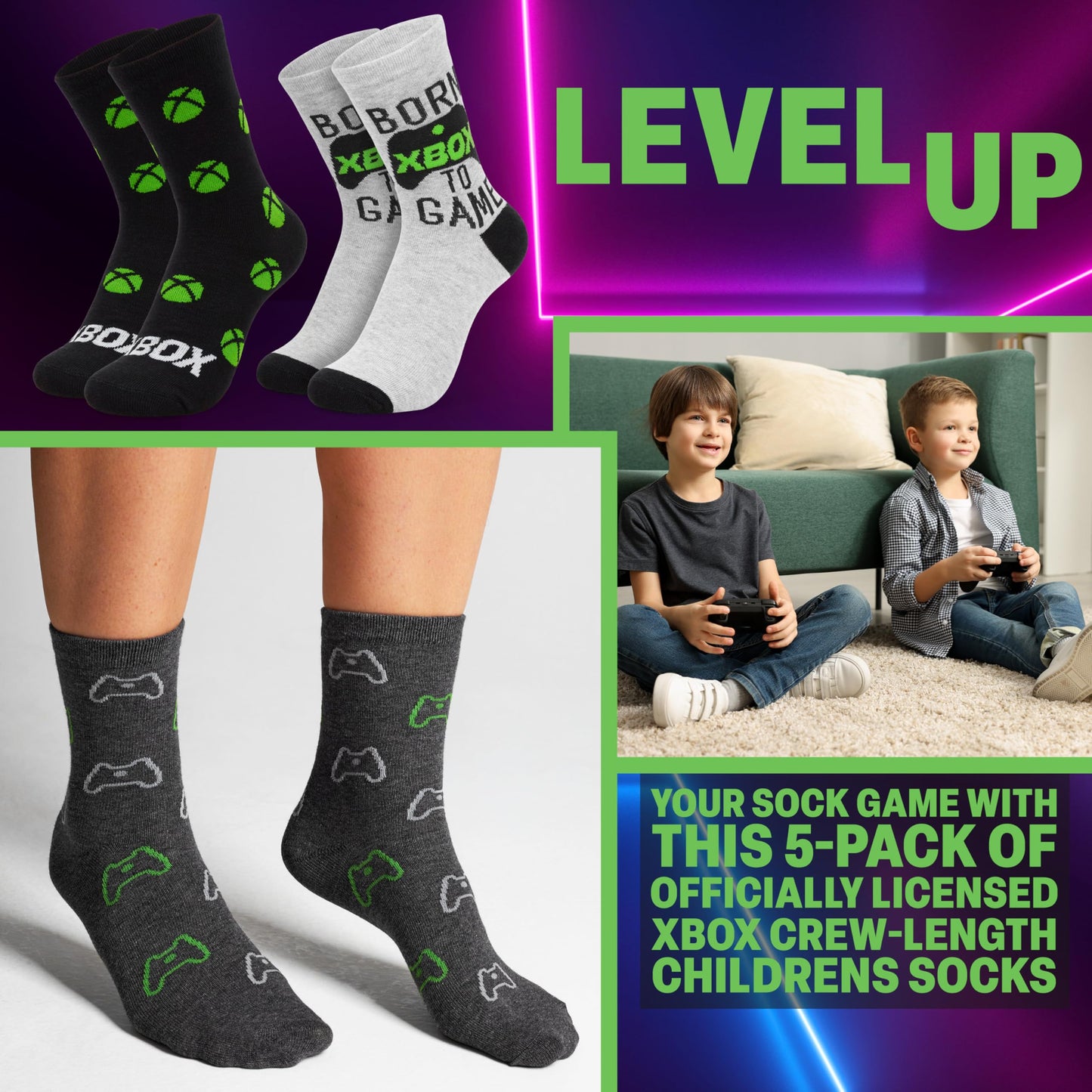 Xbox Socks for Boys & Teens, 5 Pack of Calf Length Socks, Soft Breathable School Sports Casual, Gamer Gifts for Boys