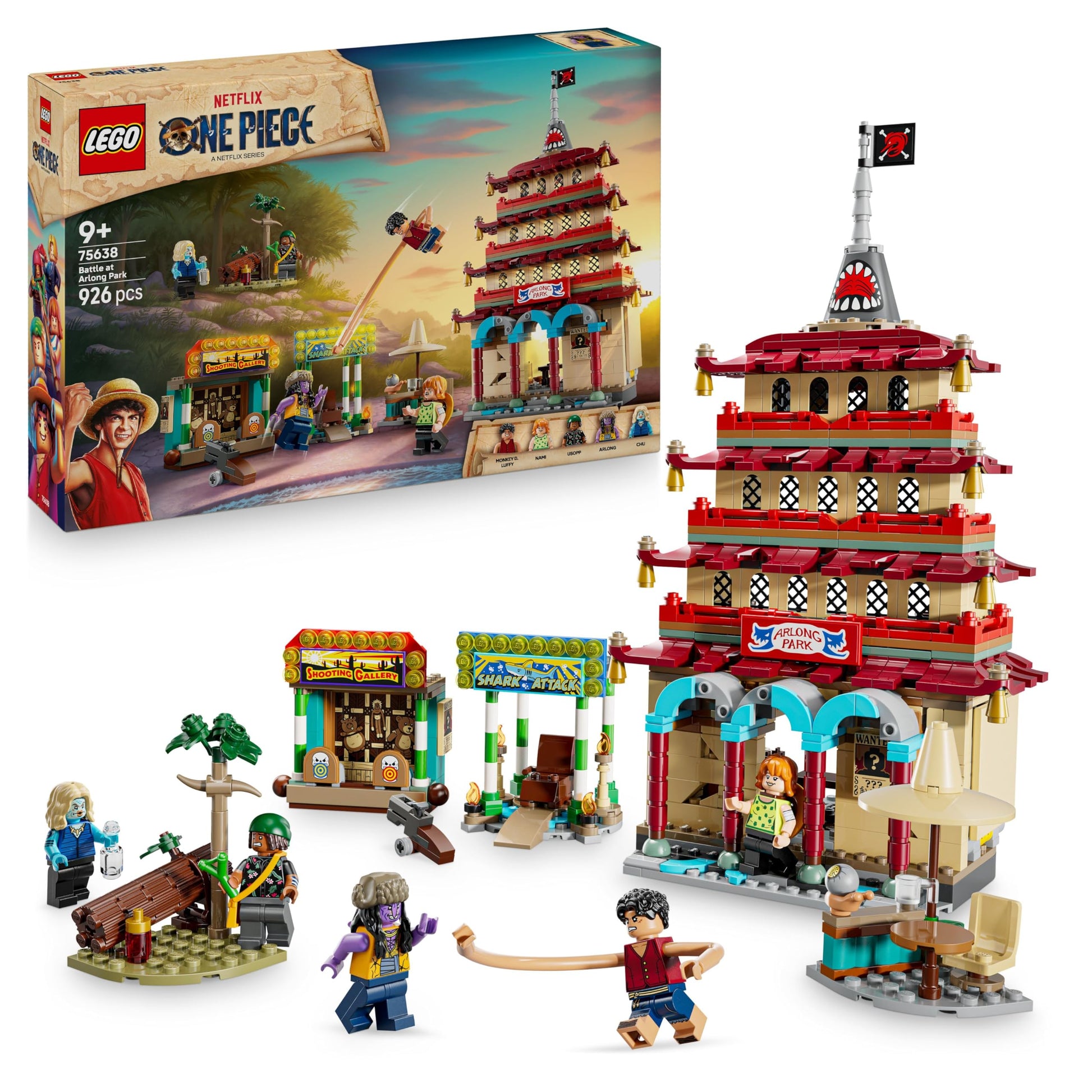 LEGO ONE PIECE Battle at Arlong Park set with Luffy, Nami minifigures and a collapsing pagoda in vibrant colors.