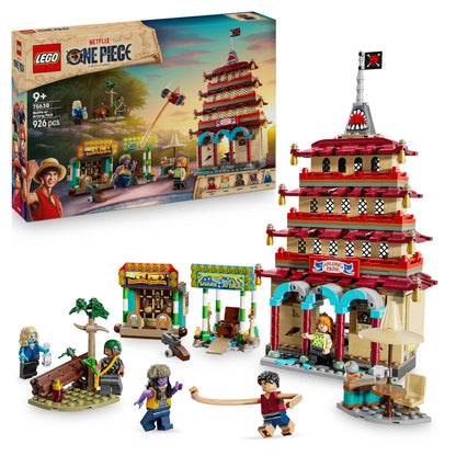 LEGO ONE PIECE Battle at Arlong Park set with Luffy, Nami minifigures and a collapsing pagoda in vibrant colors.