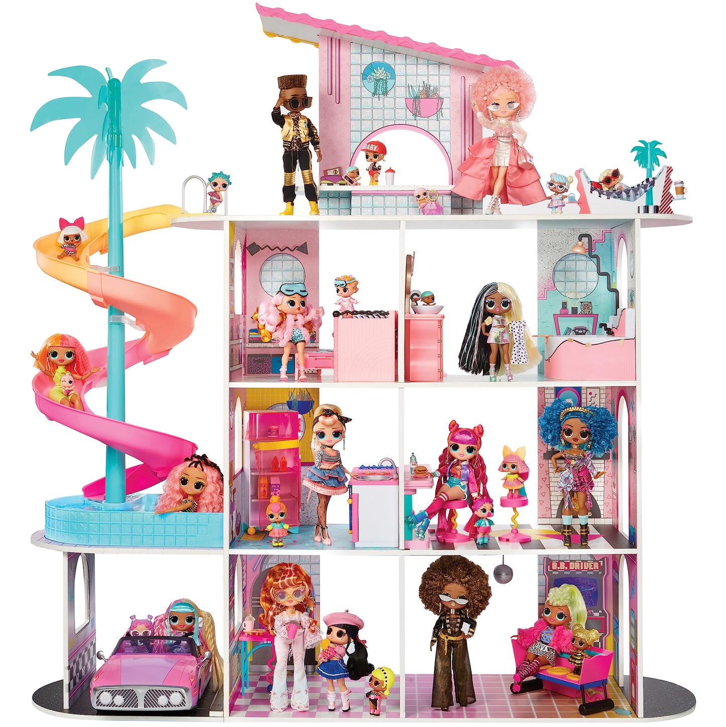 L.O.L. Surprise! OMG Fashion House playset featuring a wooden dollhouse with pool, slide, patio, and cinema for imaginative play.