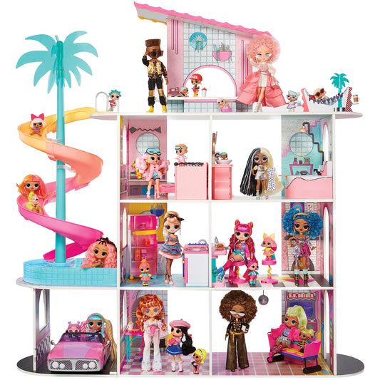 L.O.L. Surprise! OMG Fashion House playset featuring a wooden dollhouse with pool, slide, patio, and cinema for imaginative play.