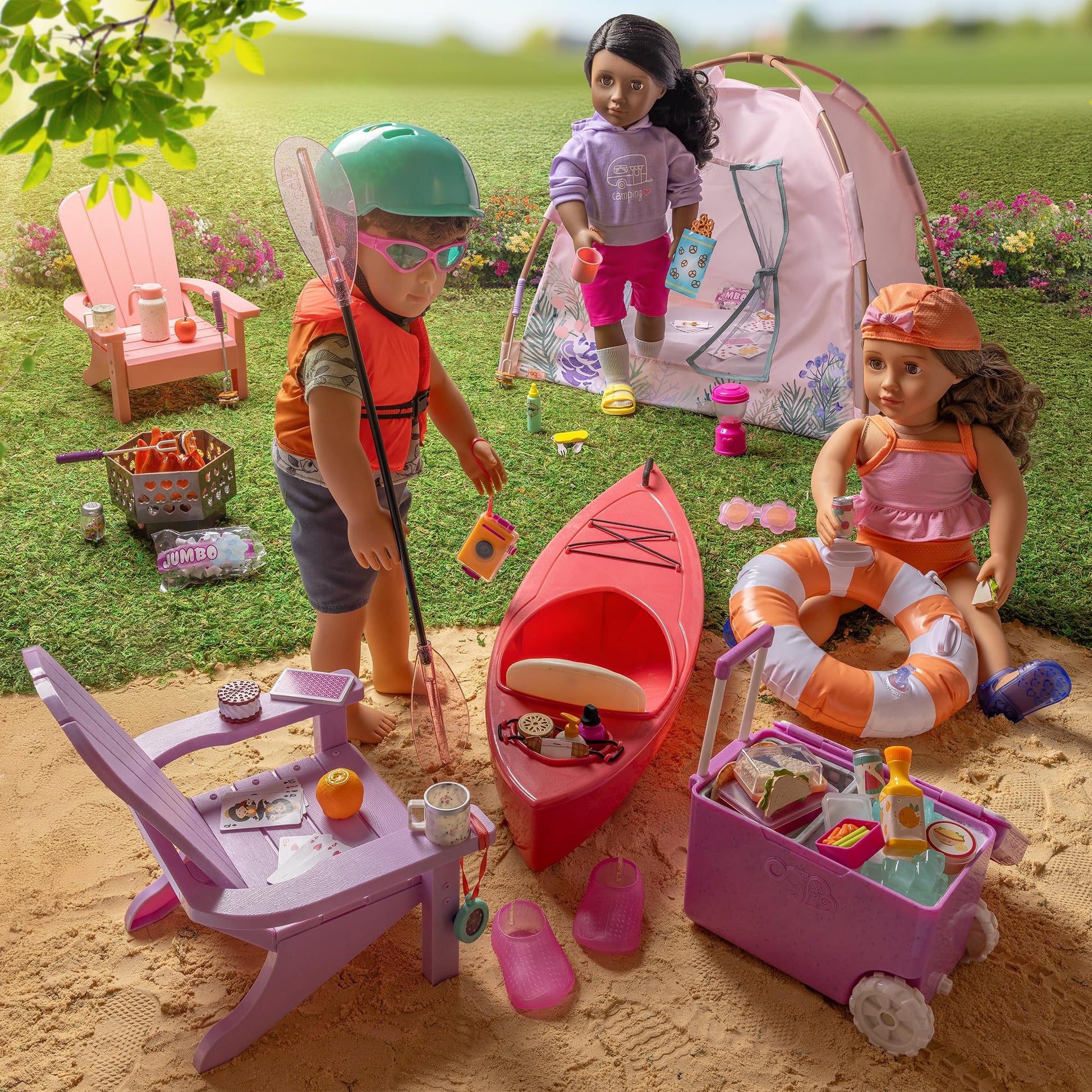Our Generation Camping Nights doll tent playset with accessories for 18-inch dolls, ideal for imaginative play.