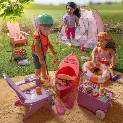 Our Generation Camping Nights doll tent playset with accessories for 18-inch dolls, ideal for imaginative play.
