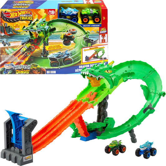 Hot Wheels Toy Monster Trucks, Sharks vs. Dinos Dragon Destruction Playset with 1:64 Scale Great Bite & Rageasaur, Race to Defeat the Cyborg Nemesis, JGB06