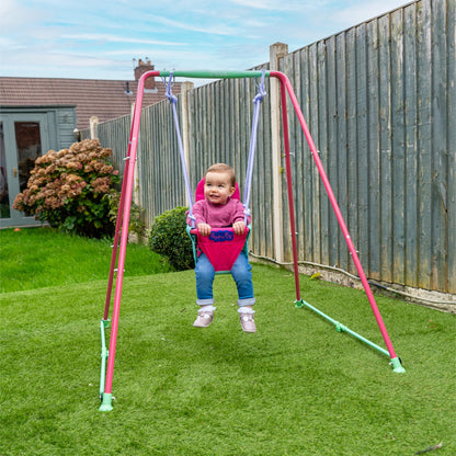 Peppa Pig fast folding baby swing set with adjustable seat and safety harness for toddlers ages 6-36 months, suitable for indoor and outdoor use.