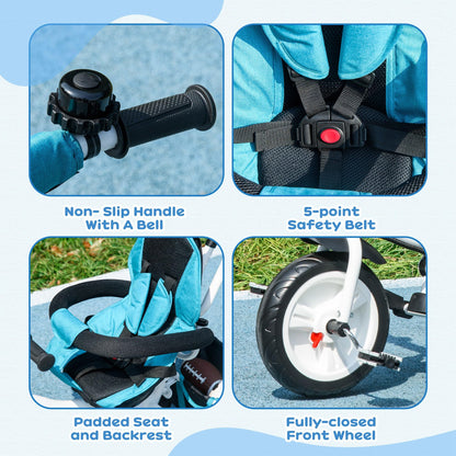 HOMCOM 6 in 1 Trike, Kids Tricycle, Pedal Push Bike w/Parent Handle, Removable Canopy, 5-Point Safety Belt, Storage, Footrest, Brake, for 1-5 Years Toddler, Blue
