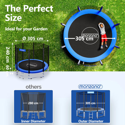 MONZANA® 10ft Trampoline Set with Safety Net & Ladder | Complete Outdoor Garden Trampoline for Kids & Adults | Heavy-Duty Frame Edge Cover, Spring Tool | Home Fitness Family Toddler Play Equipment