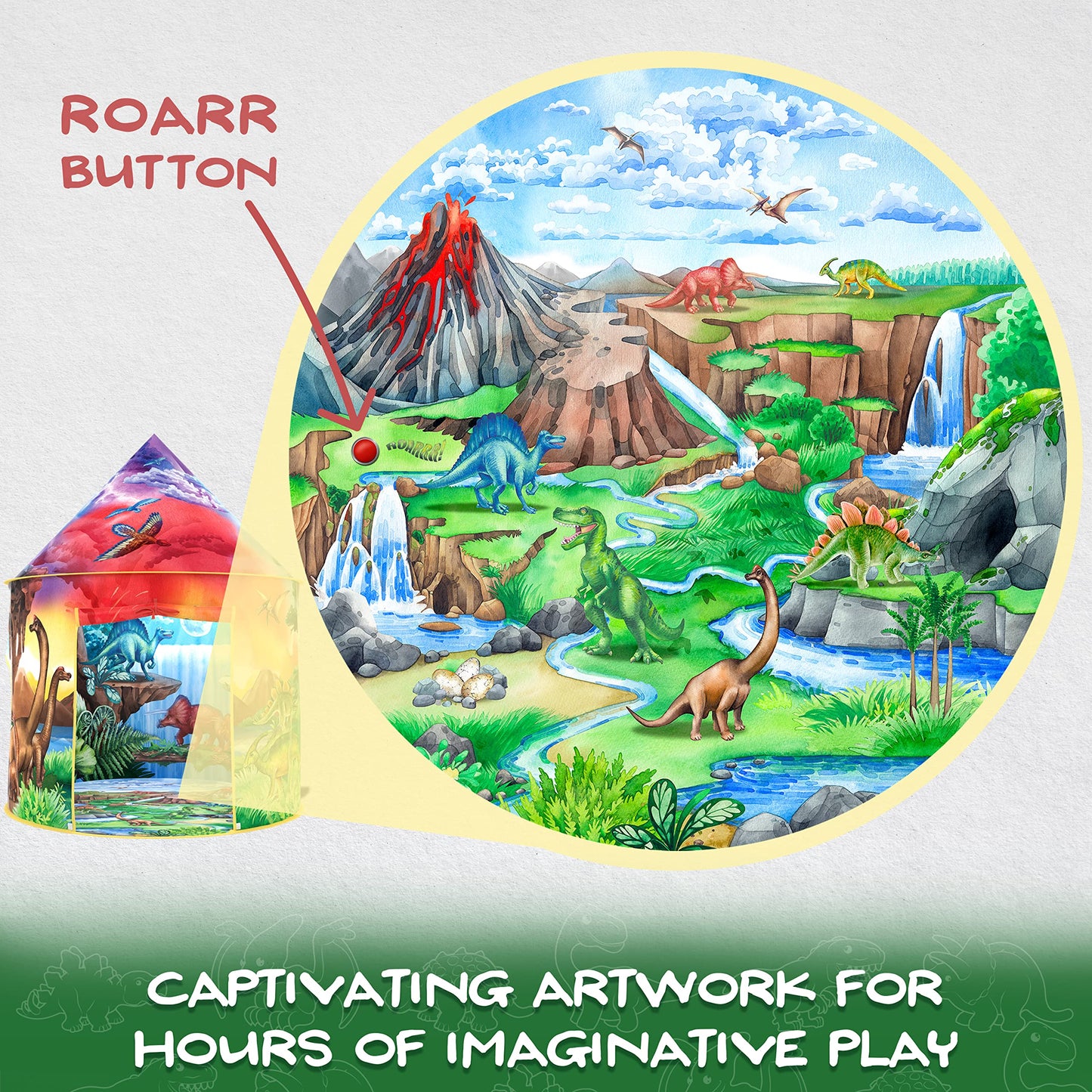 W&O dinosaur discovery play tent with roar button, pop-up design for kids, ideal for indoor and outdoor adventures.