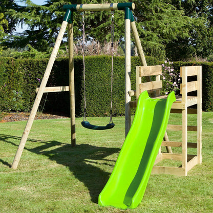 Rebo® Wooden Swing Set Plus Deck and Slide - Solar Green | OutdoorToys | Kids' Playset - Sturdy Construction, Pressure Treated Timber, Soft-Feel Ropes