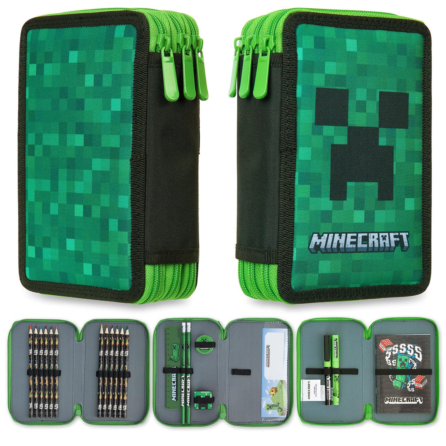 Minecraft Pencil Case Kids Teens Filled with Gamer Stationery Set School Supplies Creeper Pen Case Multiple Compartments Drawing Writing Colouring Set (Green Creeper)