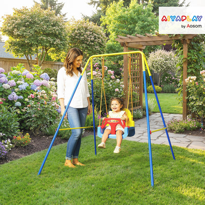 AIYAPLAY 3-in-1 toddler swing set with adjustable seat, safety belt, removable guardrails, suitable for indoor and outdoor use in blue.