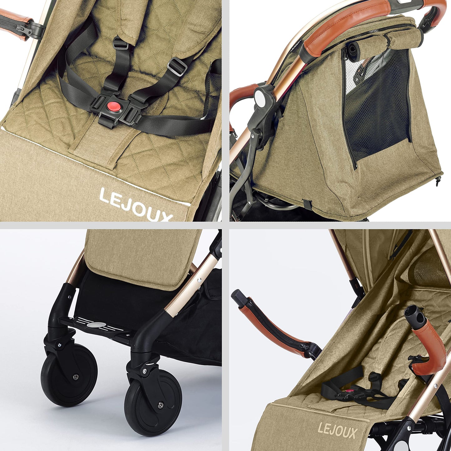 Lejoux™ Baby Pushchair Stroller– Lightweight Foldable Travel Buggy with 5-Point Harness, Adjustable Seat Back and Oversize Basket Folds with 1 Hand – Smooth Swivel Wheels Rain Cover (Beige)