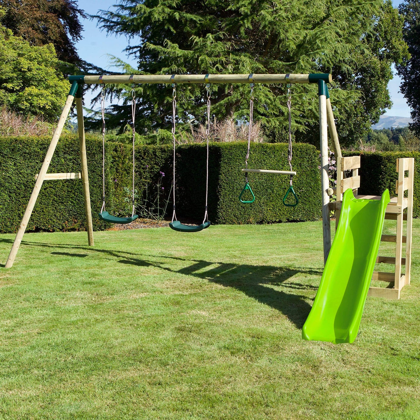 Rebo® Children's Wooden Swing Set Plus Deck and Slide - Comet Green | OutdoorToys | Kids' Playset - Sturdy Construction, Pressured Treated Timber, Soft-Feel Ropes