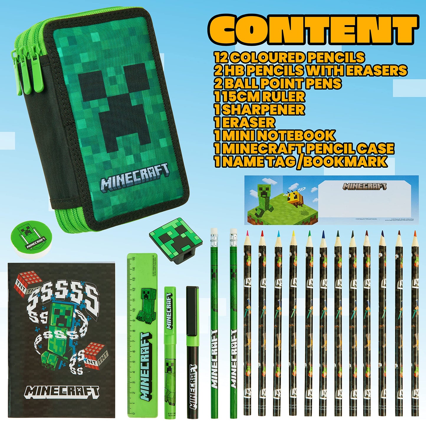 Minecraft Pencil Case Kids Teens Filled with Gamer Stationery Set School Supplies Creeper Pen Case Multiple Compartments Drawing Writing Colouring Set (Green Creeper)