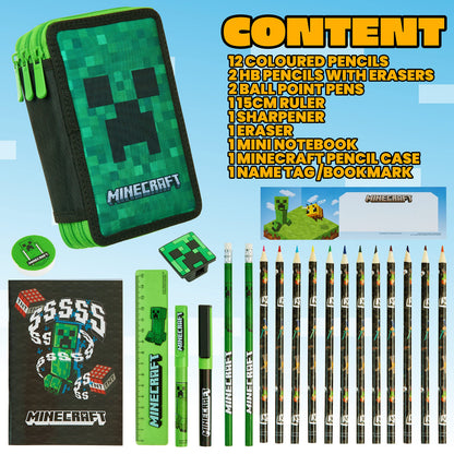 Minecraft Pencil Case Kids Teens Filled with Gamer Stationery Set School Supplies Creeper Pen Case Multiple Compartments Drawing Writing Colouring Set (Green Creeper)