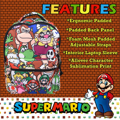 Nintendo’s Super Mario Backpack for Boys & Girls, School Bag with Front Pocket, Allover Character Print Gaming Bookbag with Padded Back and Adjustable Mesh Straps, Black, Laptop