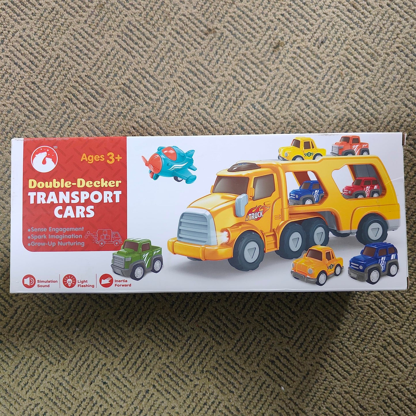 Aoskie toy car transporter truck with four pull-back vehicles, perfect for boys and girls aged 3-5, suitable for birthday or Christmas gift.