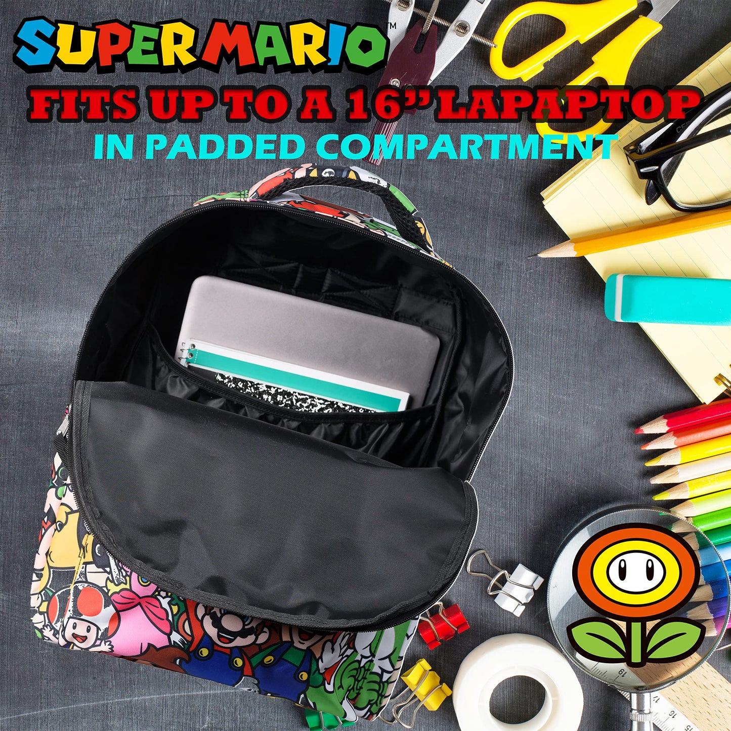 Nintendo’s Super Mario Backpack for Boys & Girls, School Bag with Front Pocket, Allover Character Print Gaming Bookbag with Padded Back and Adjustable Mesh Straps, Black, Laptop