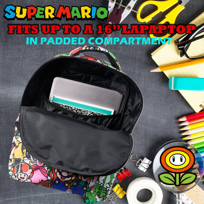 Nintendo’s Super Mario Backpack for Boys & Girls, School Bag with Front Pocket, Allover Character Print Gaming Bookbag with Padded Back and Adjustable Mesh Straps, Black, Laptop