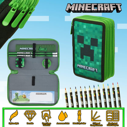 Minecraft Pencil Case Kids Teens Filled with Gamer Stationery Set School Supplies Creeper Pen Case Multiple Compartments Drawing Writing Colouring Set (Green Creeper)