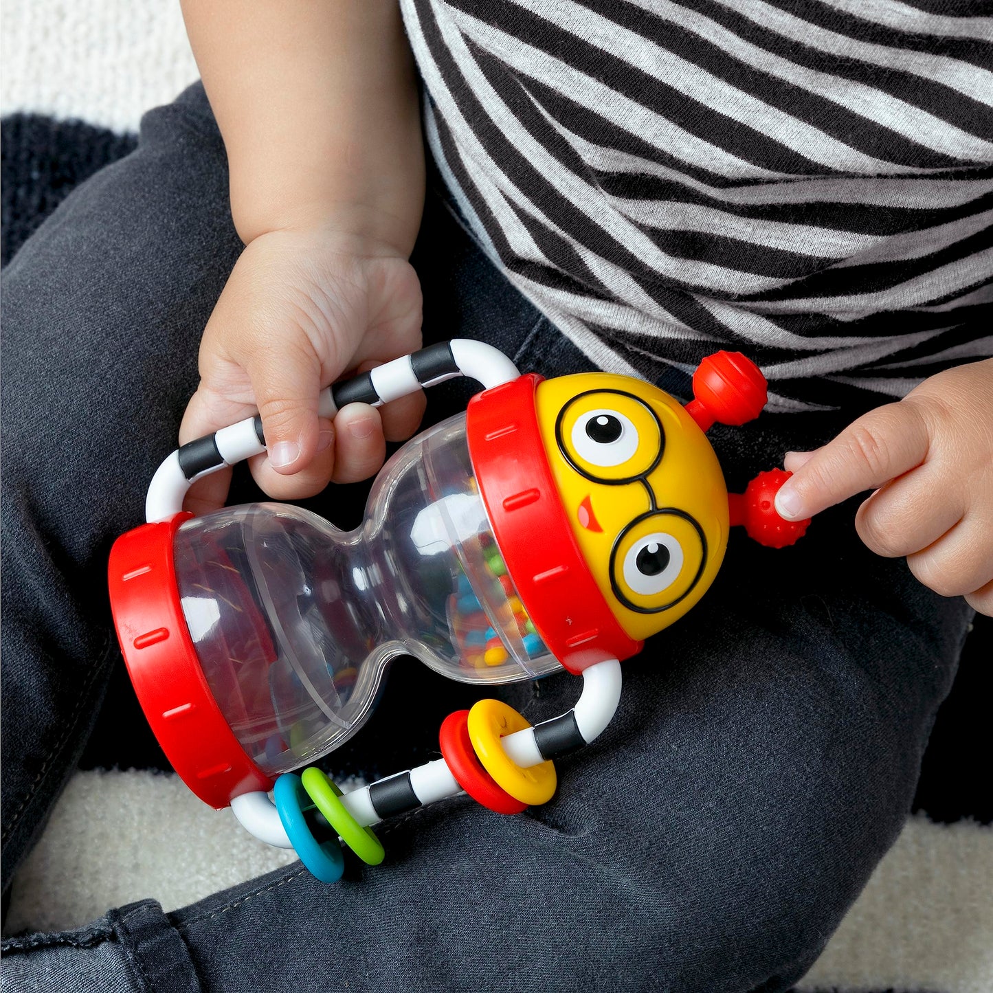 Baby Einstein Cal’s Sensory Shake-up rattle toy for infants, BPA-free, showing colorful design and textured surfaces for sensory play