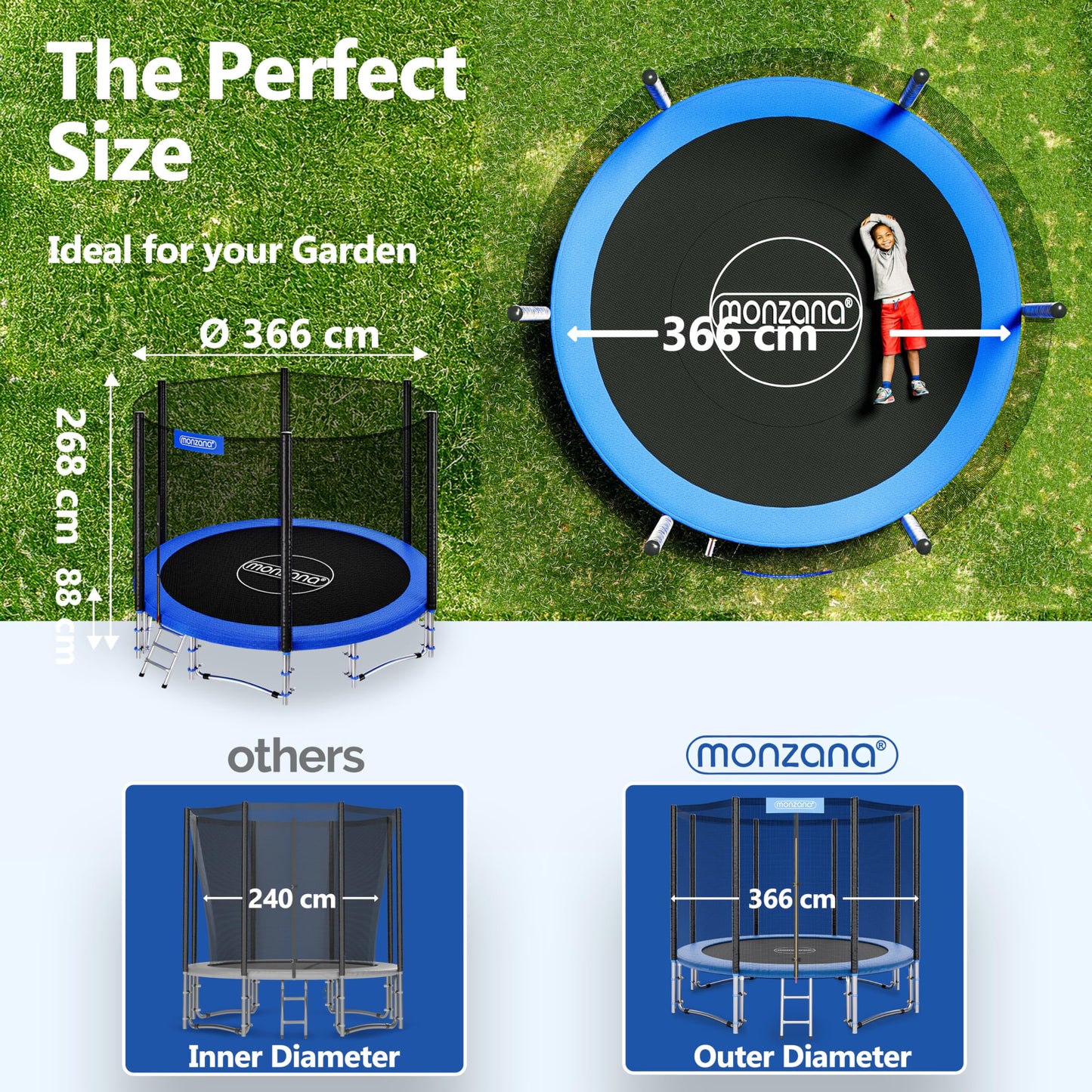 MONZANA® 12ft Trampoline Set with Safety Net & Ladder | Complete Outdoor Garden Trampoline for Kids & Adults | Heavy-Duty Frame, Edge Cover, Spring Tool | Home Fitness Family Toddler Play Equipment