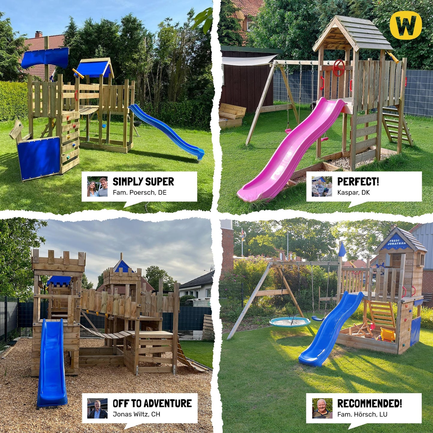WICKEY Wooden climbing frame Smart Queen with swing set, green-yellow tarp & green slide, Outdoor kids playhouse with sandpit, climbing ladder & play-accessories for the garden