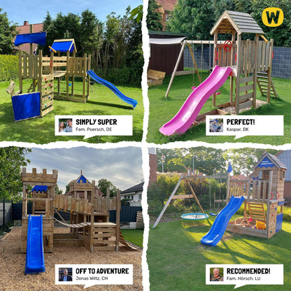 WICKEY Wooden climbing frame Smart Queen with swing set, green-yellow tarp & green slide, Outdoor kids playhouse with sandpit, climbing ladder & play-accessories for the garden