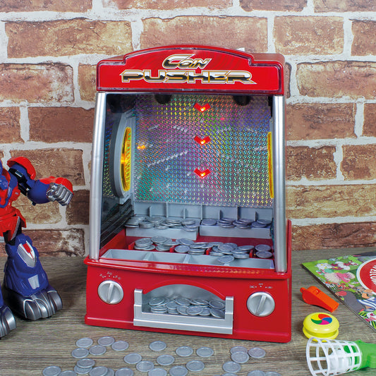 Global Gizmos Arcade Coin Pusher Game Machine Novelty, Fairground Kids, Family 50130, Red