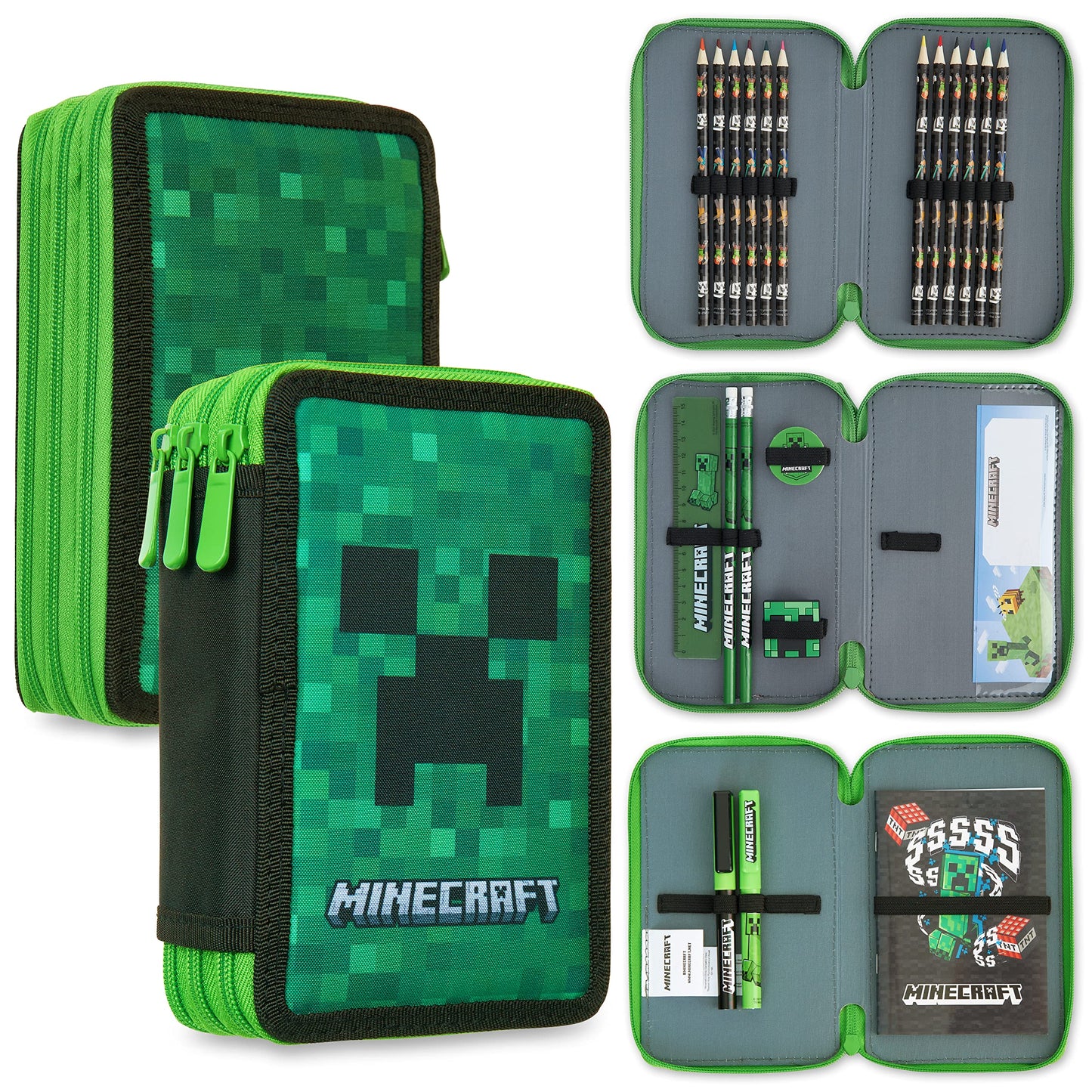 Minecraft Pencil Case Kids Teens Filled with Gamer Stationery Set School Supplies Creeper Pen Case Multiple Compartments Drawing Writing Colouring Set (Green Creeper)