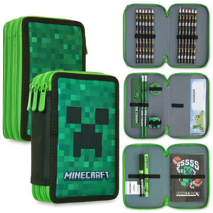 Minecraft Pencil Case Kids Teens Filled with Gamer Stationery Set School Supplies Creeper Pen Case Multiple Compartments Drawing Writing Colouring Set (Green Creeper)