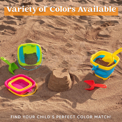 Sloosh 3 PCS Foldable Buckets with 3 Shovels Sand Water Bucket Sandbox Square Party in Summer Foldable Pail Silicone Collapsible Bucket Kids Beach Toys Travel (Yellow/Blue/Green)